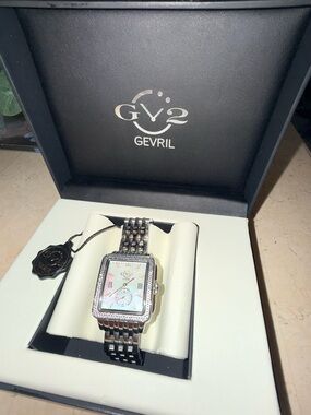 Gevril Bari Tortoise Swiss Quartz Diamond Accents Silver Tone SS Bracelet 34x3
